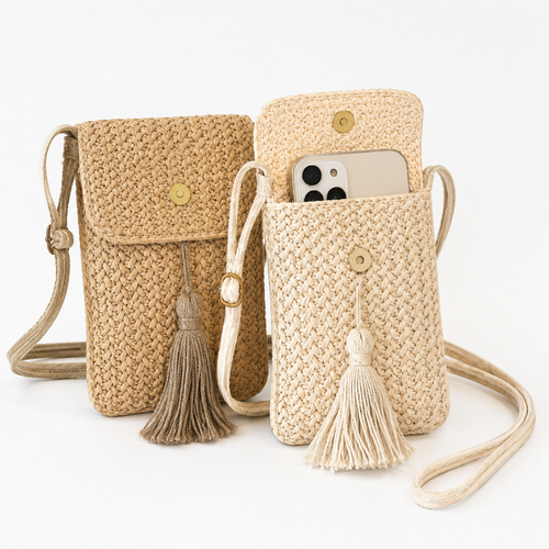 Woven Straw Crossbody Phone Pouch with Tassel and Adjustable Vegan Leather Strap Bowlift