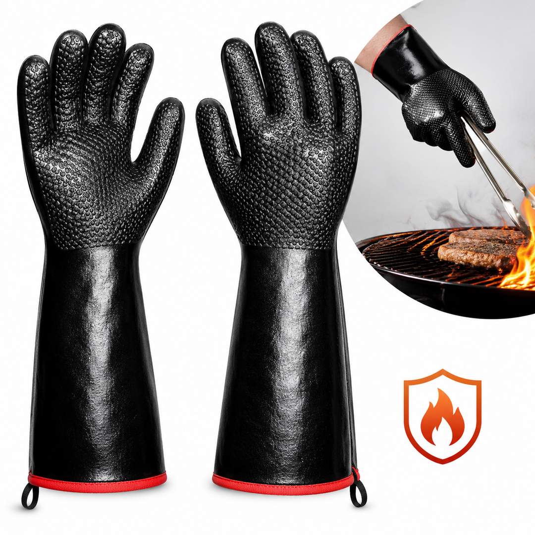 High Heat Resistant BBQ Gloves with Non Slip Silicone Grip and Extended Cuff for Grilling and Oven Use Bowlift
