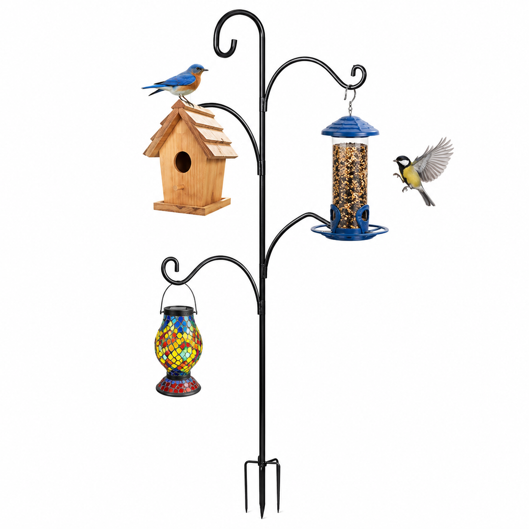 Adjustable double-hook shepherd hook ground stake with anchoring fork for hanging bird feeders and lanterns Bowlift