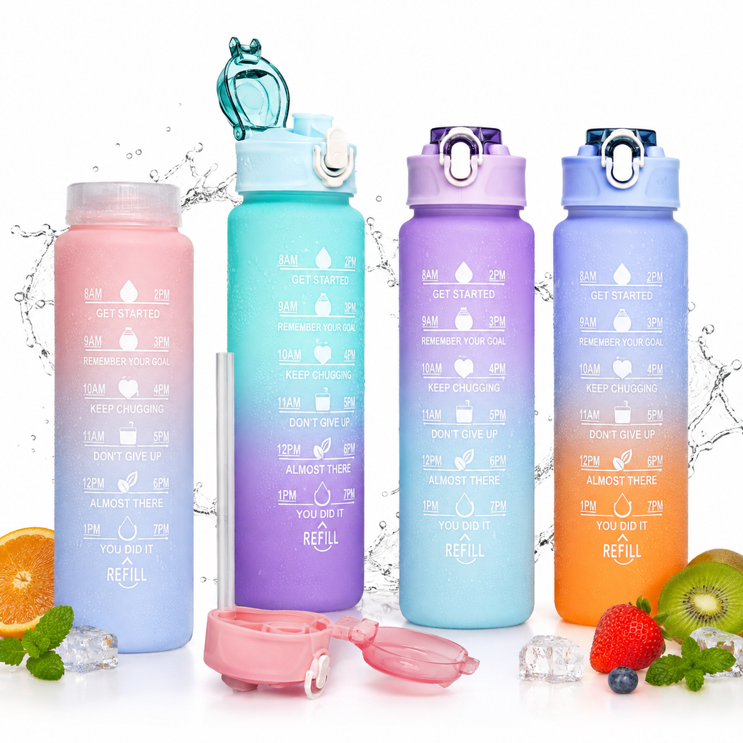 Motivational Time-Marker Hydration Bottle with Flip Lock and Carry Strap Bowlift