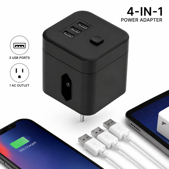 Compact Universal Travel Power Adapter with Triple USB Ports Bowlift