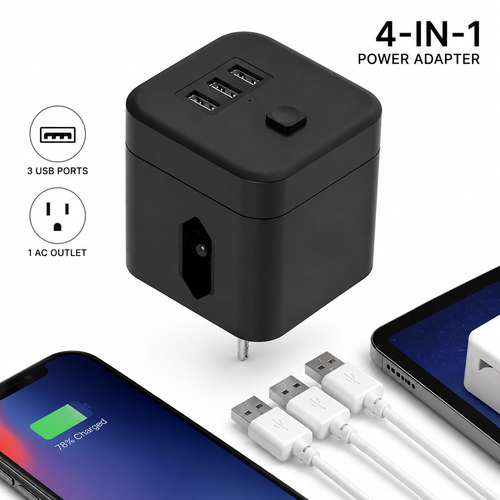 Compact Universal Travel Power Adapter with Triple USB Ports Bowlift