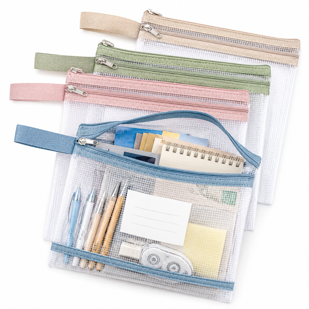 Transparent Mesh Zipper Pouch Set with Wrist Strap Stationery Organizer Bowlift