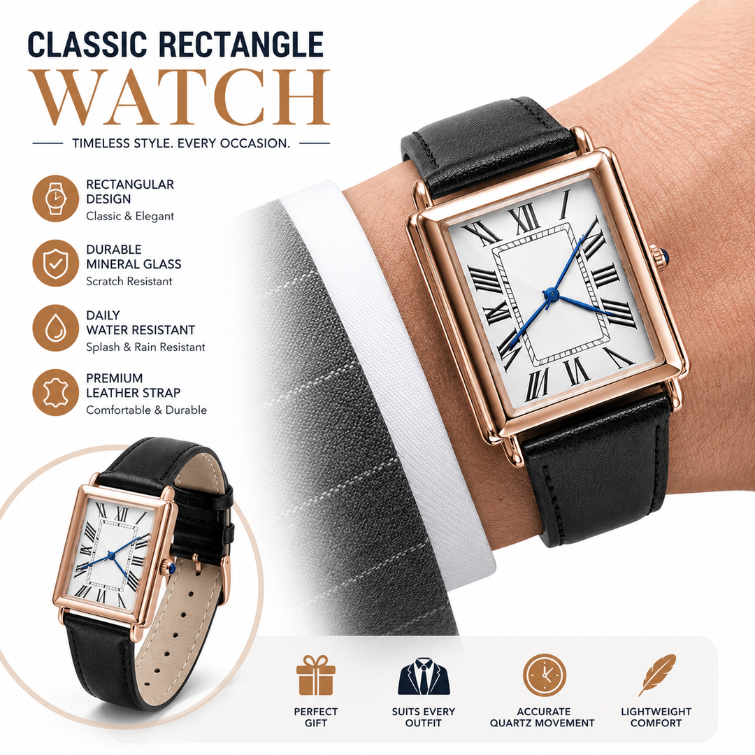 Rectangular Vintage Roman Dial Leather Dress Watch Bowlift