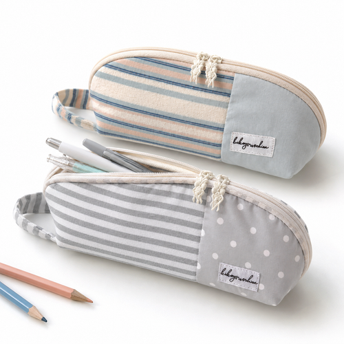 Striped Cotton Cosmetic and Pencil Pouch with Wrist Strap Bowlift