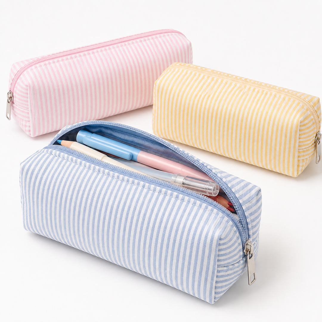 Striped Canvas Pencil Case and Stationery Organizer with Top Zipper Bowlift