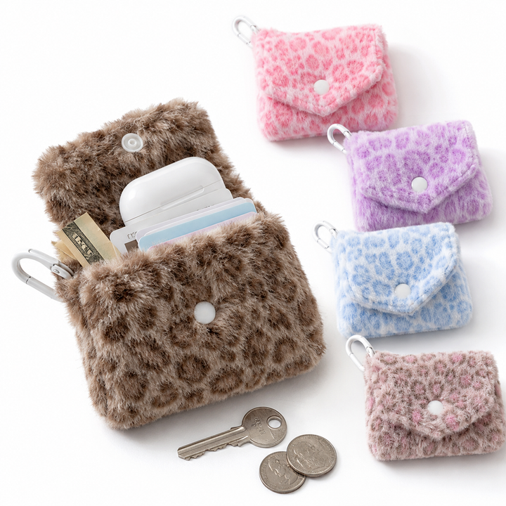 Faux Fur Leopard-Print Snap Keyring Card Wallet Bowlift