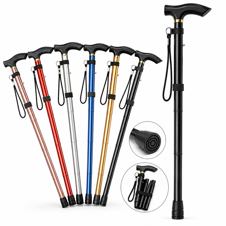Adjustable Lightweight Folding Ergonomic Walking Cane with T-Handle Wrist Strap Bowlift
