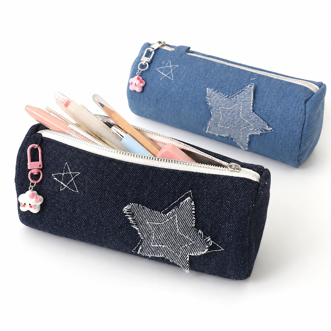 Denim Star-Appliqué Cylinder Pencil Case Makeup Pouch Bowlift
