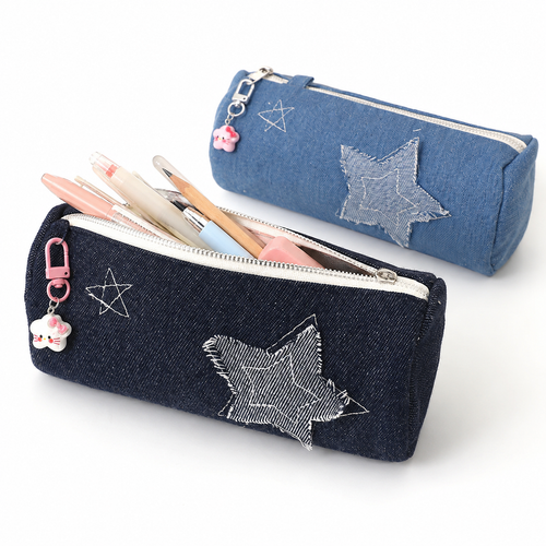 Denim Star-Appliqué Cylinder Pencil Case Makeup Pouch Bowlift