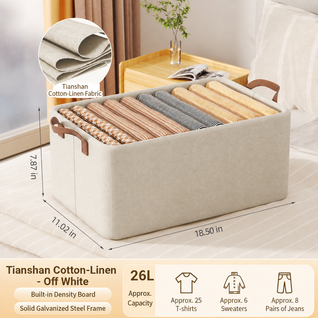 Foldable Linen Cotton Storage Organizer Box with Reinforced Frame and Carry Handles Bowlift