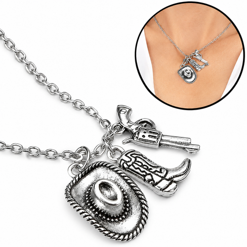 Western Charm Dangle Necklace with Cowboy Hat and Boot Charms Bowlift