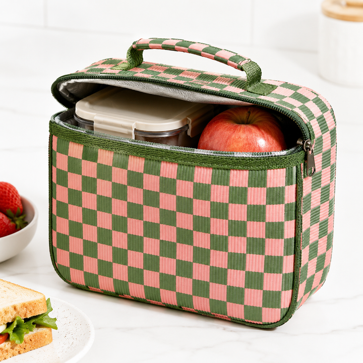 Insulated Checkerboard Lunch Tote with Top Handle and Front Zip Pocket Bowlift