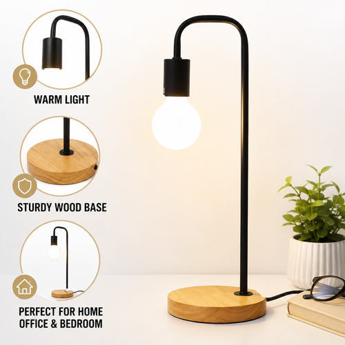 Minimalist Curved-Arm Table Lamp with Round Base and Standard Bulb Socket Bowlift