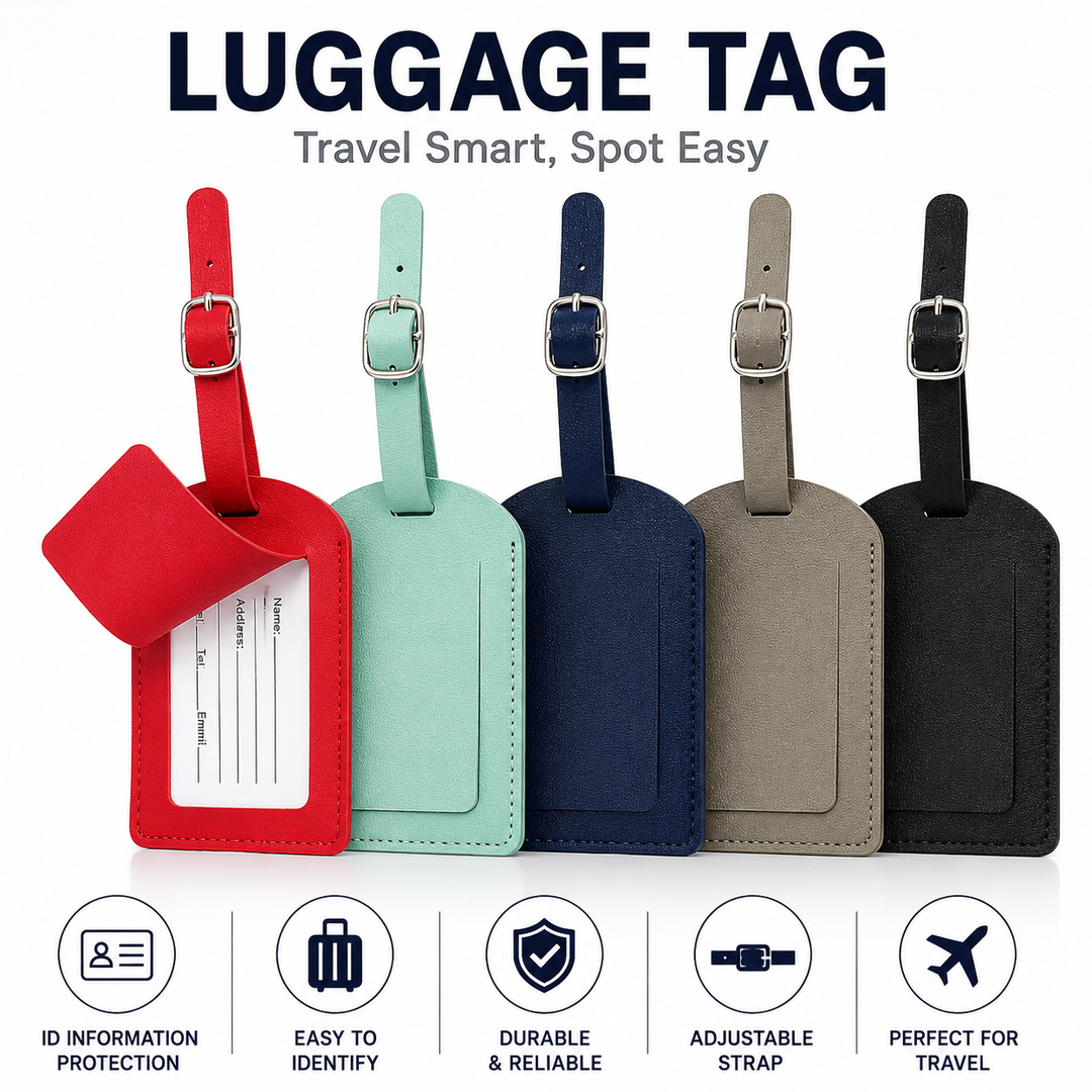 Minimalist Leather Luggage ID Tag with Adjustable Buckle Strap and Card Slot Bowlift