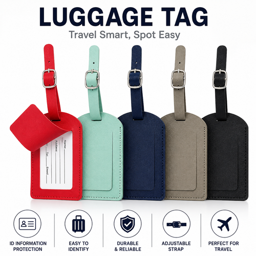 Minimalist Leather Luggage ID Tag with Adjustable Buckle Strap and Card Slot Bowlift