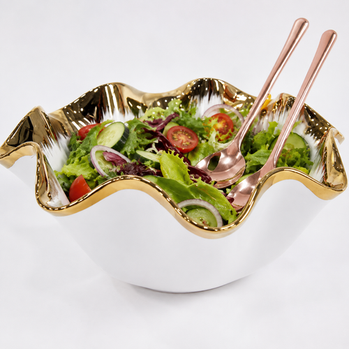 Hand-Glazed Metallic-Trimmed Ruffled Ceramic Centerpiece Bowl Bowlift