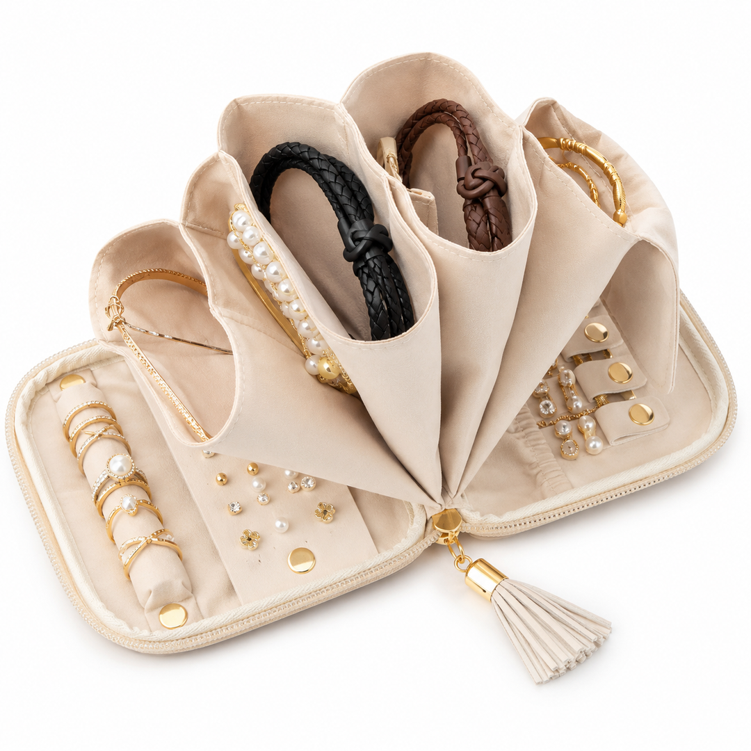 Travel Foldable Jewelry Organizer Case with Ring Rolls Earring Slots Necklace Hooks Bowlift