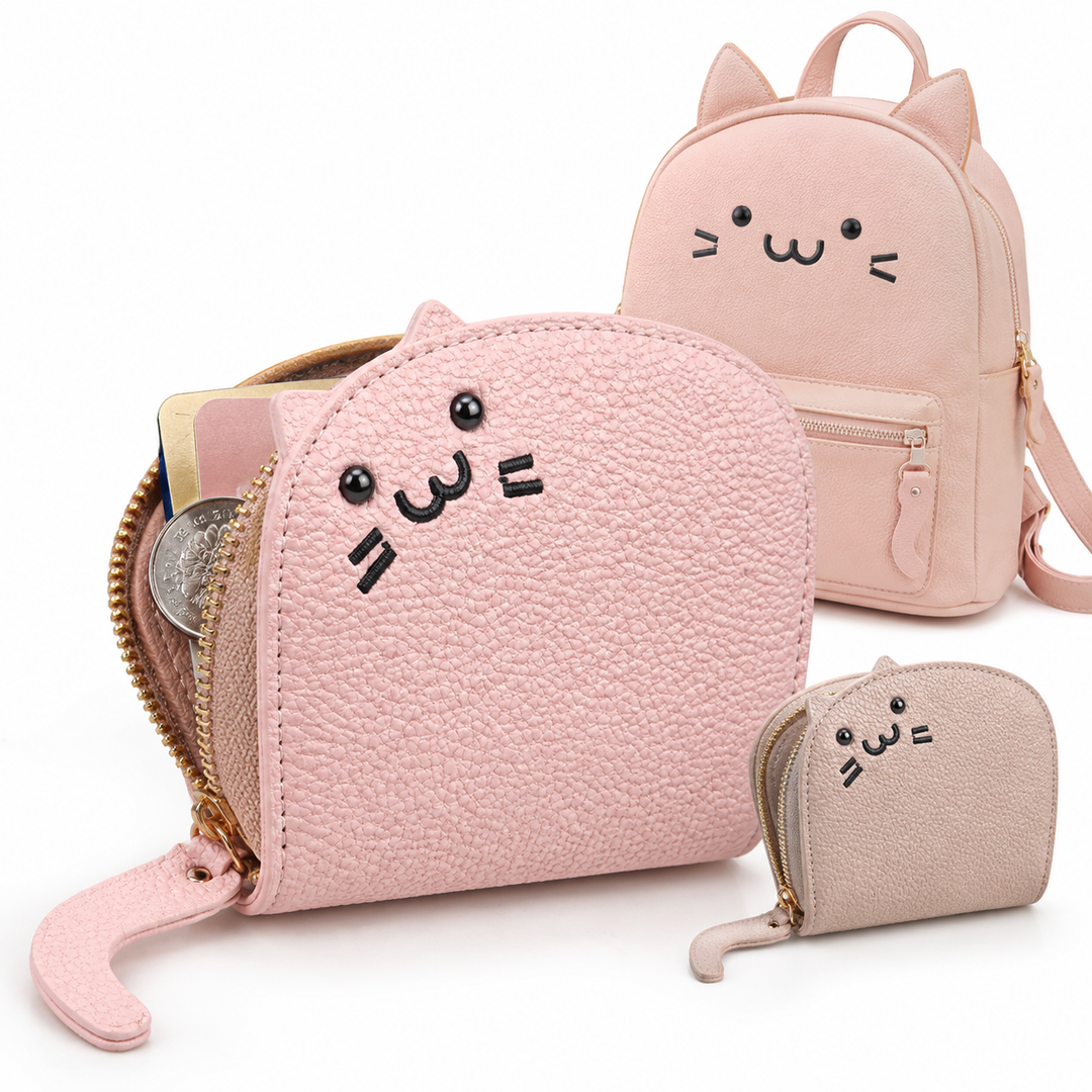Cat-Shaped Textured Faux Leather Coin Purse with Zipper Wrist Strap Bowlift