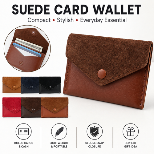 Compact Suede-Trim Leather Card Wallet Bowlift