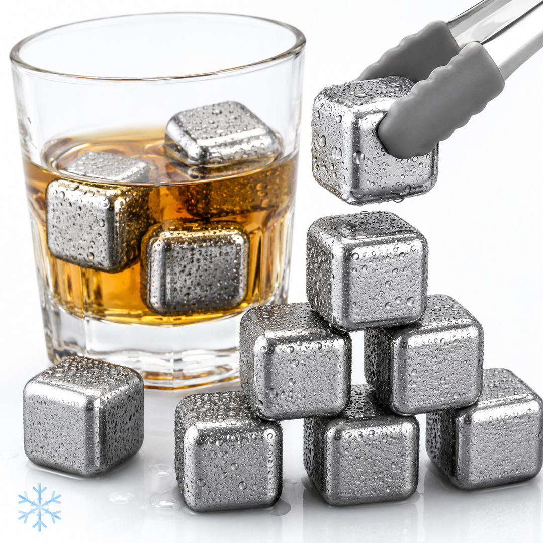 Premium Stainless Steel Whiskey Chilling Cubes Multi-piece Set with Silicone Storage Tray and Tongs Bowlift