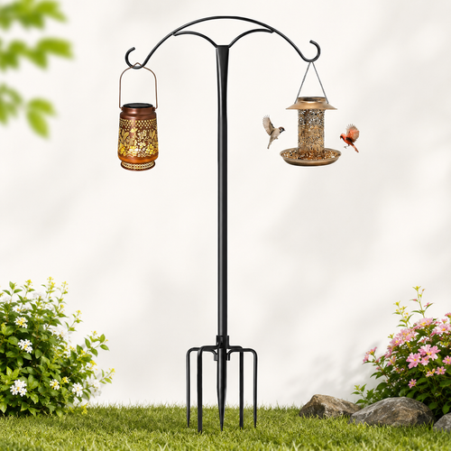 Adjustable double-hook shepherd hook ground stake with anchoring fork for hanging bird feeders and lanterns Bowlift