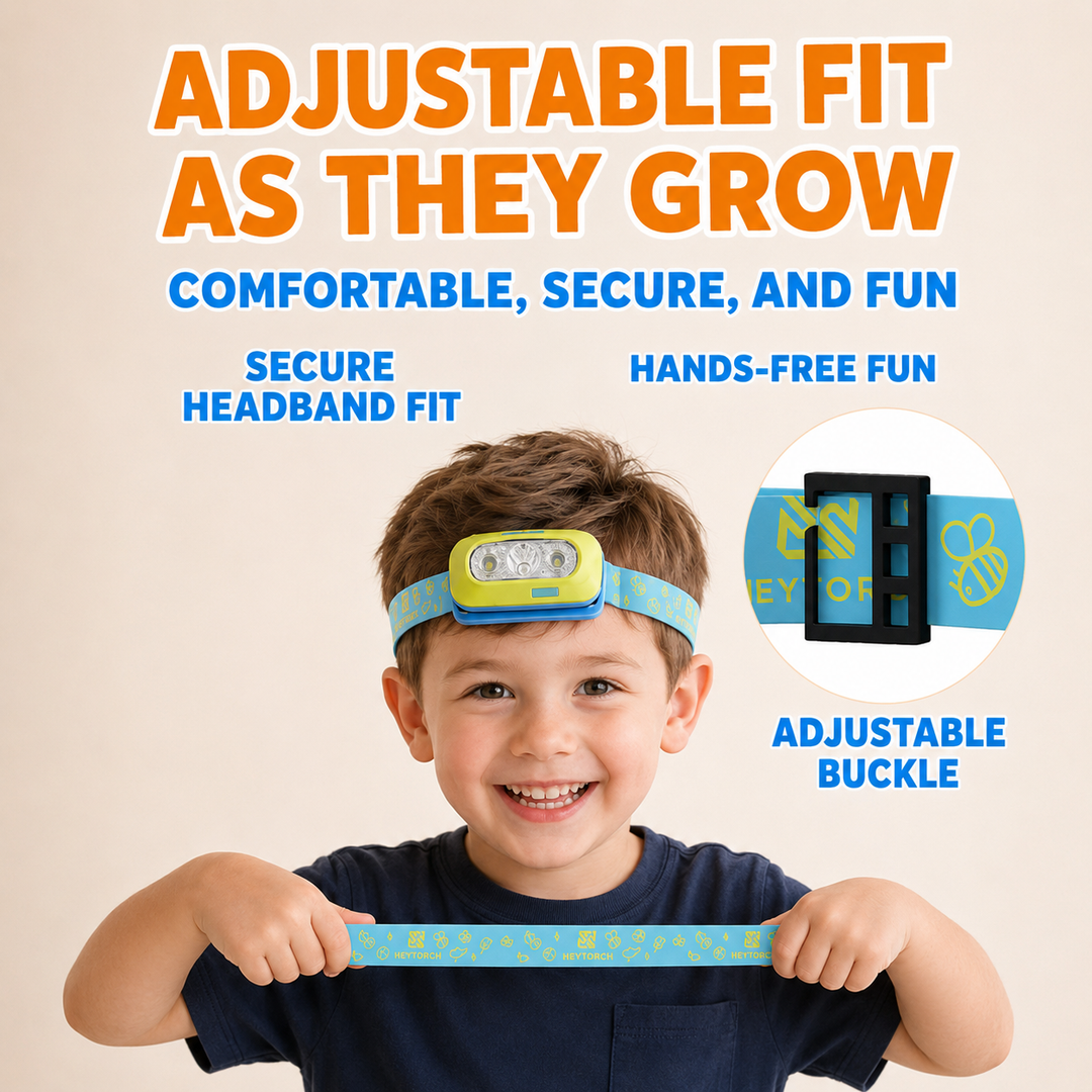 Kids LED adjustable headlamp with dual-beam focus and playful elastic strap Bowlift