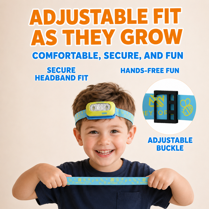 Kids LED adjustable headlamp with dual-beam focus and playful elastic strap Bowlift