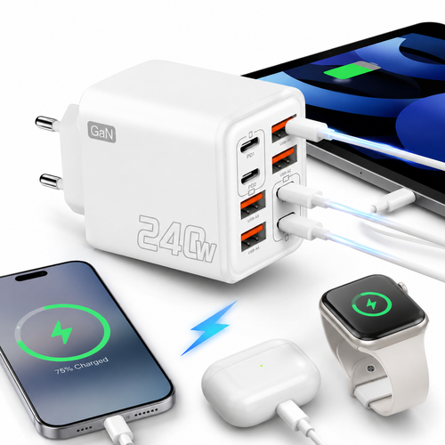 GaN high-speed USB-C and USB-A multiport travel charger with foldable UK plug Bowlift