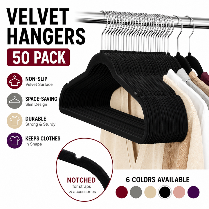 Slim velvet non-slip contoured hanger set with swivel chrome hooks Bowlift
