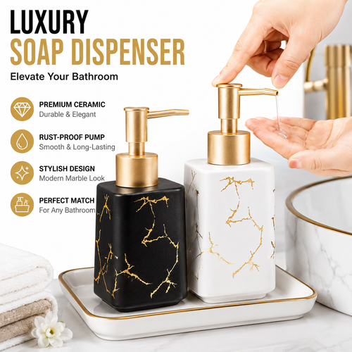 Luxury marble-effect ceramic soap dispenser with gold pump Bowlift