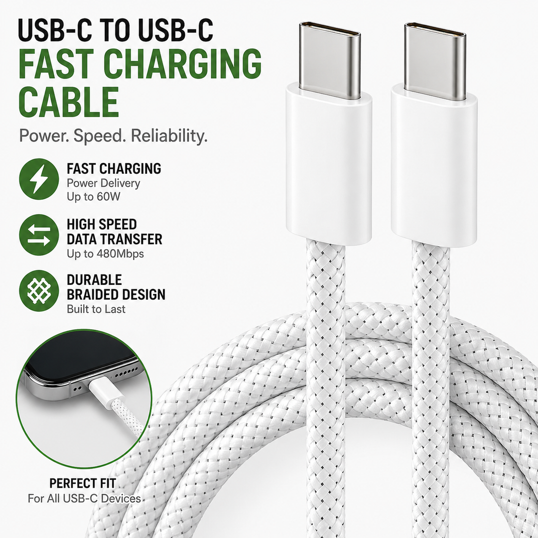 Braided USB-C to USB-C fast charging and data cable with reinforced nylon braid Bowlift