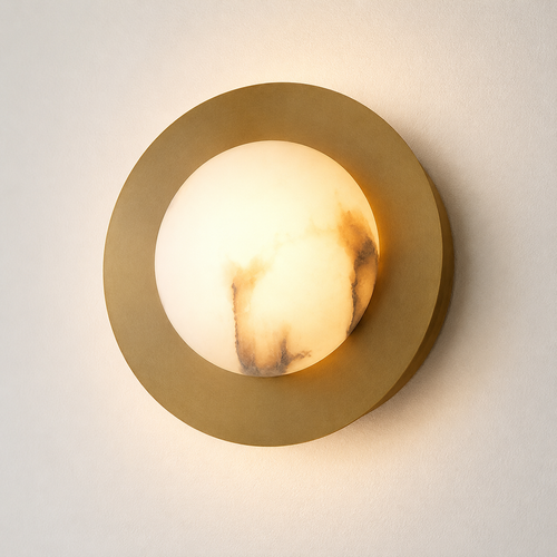 Contemporary alabaster globe wall sconce with round metal backplate Bowlift