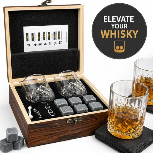 Cut crystal whiskey glasses gift set with reusable chilling stones and wooden presentation box Bowlift