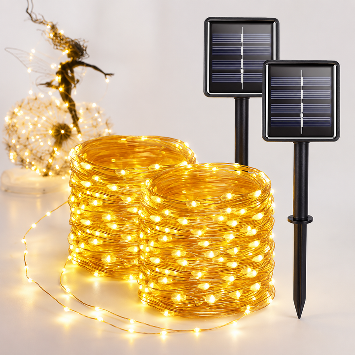 Outdoor Solar Waterproof Fairy String Lights With Dual Panel Stake And Memory Mode Bowlift