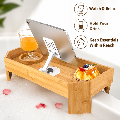 Adjustable Bamboo Bathtub Caddy With Foldable Tablet Stand And Drink Holder Bowlift