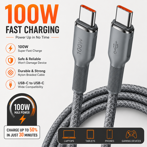 Braided High-Speed USB-C Fast Charging Cable with Reinforced Nylon Sleeve Bowlift