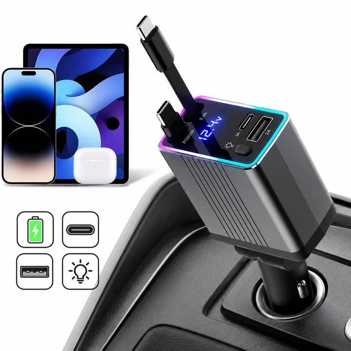 High-Power USB-C PD Car Charger with LED Voltage Display and Detachable Fast Charging Cables Bowlift