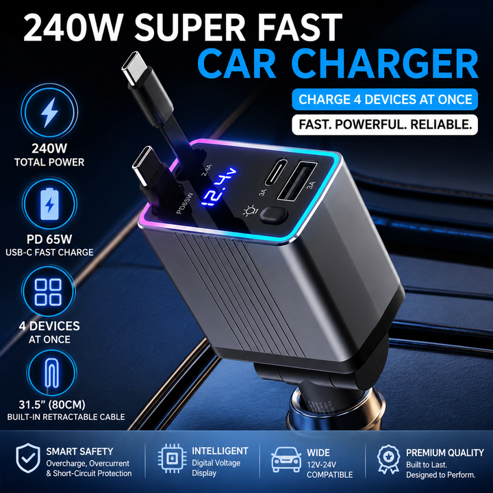 High-Power USB-C PD Car Charger with LED Voltage Display and Detachable Fast Charging Cables Bowlift