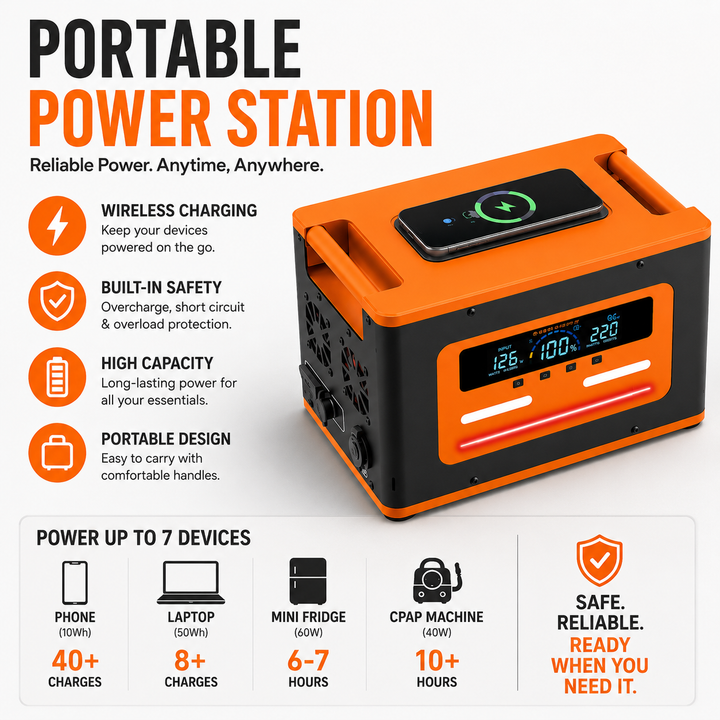 Portable emergency wireless power station with Qi wireless charging LCD display multiple outputs and built in LED light Bowlift