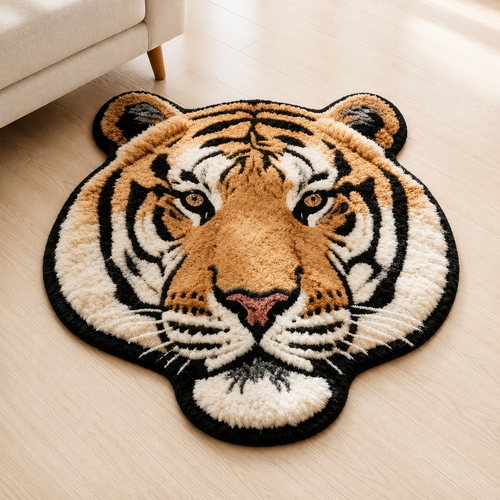 Luxurious faux fur tiger head area rug with non-slip backing Bowlift