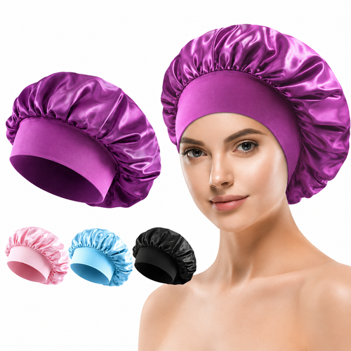 Satin sleep bonnet with wide protective elastic band Bowlift
