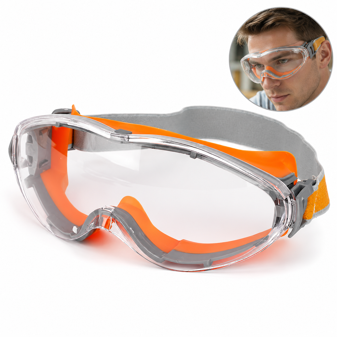Anti-fog splash resistant safety goggles with adjustable elastic strap and soft silicone seal Bowlift
