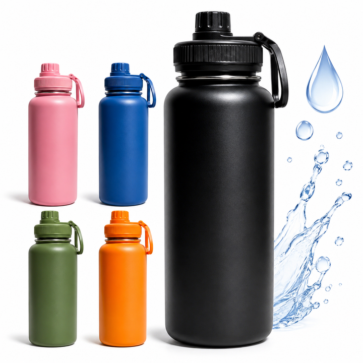 Insulated stainless steel water bottle with wide mouth and silicone carry loop Bowlift