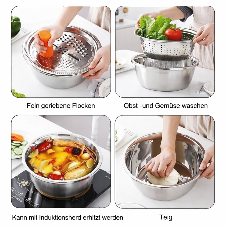 3-in-1 Mixing Bowl Set Stainless Steel with Grater and Sieve | Bowlift