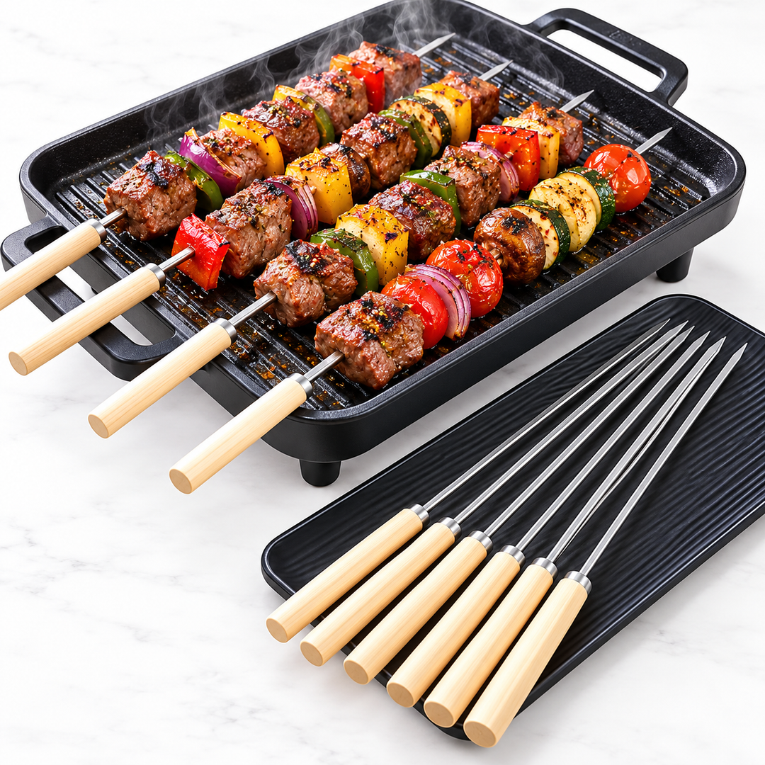 Extra-Long Stainless Steel BBQ Skewer Set with Solid Bamboo Handles Bowlift