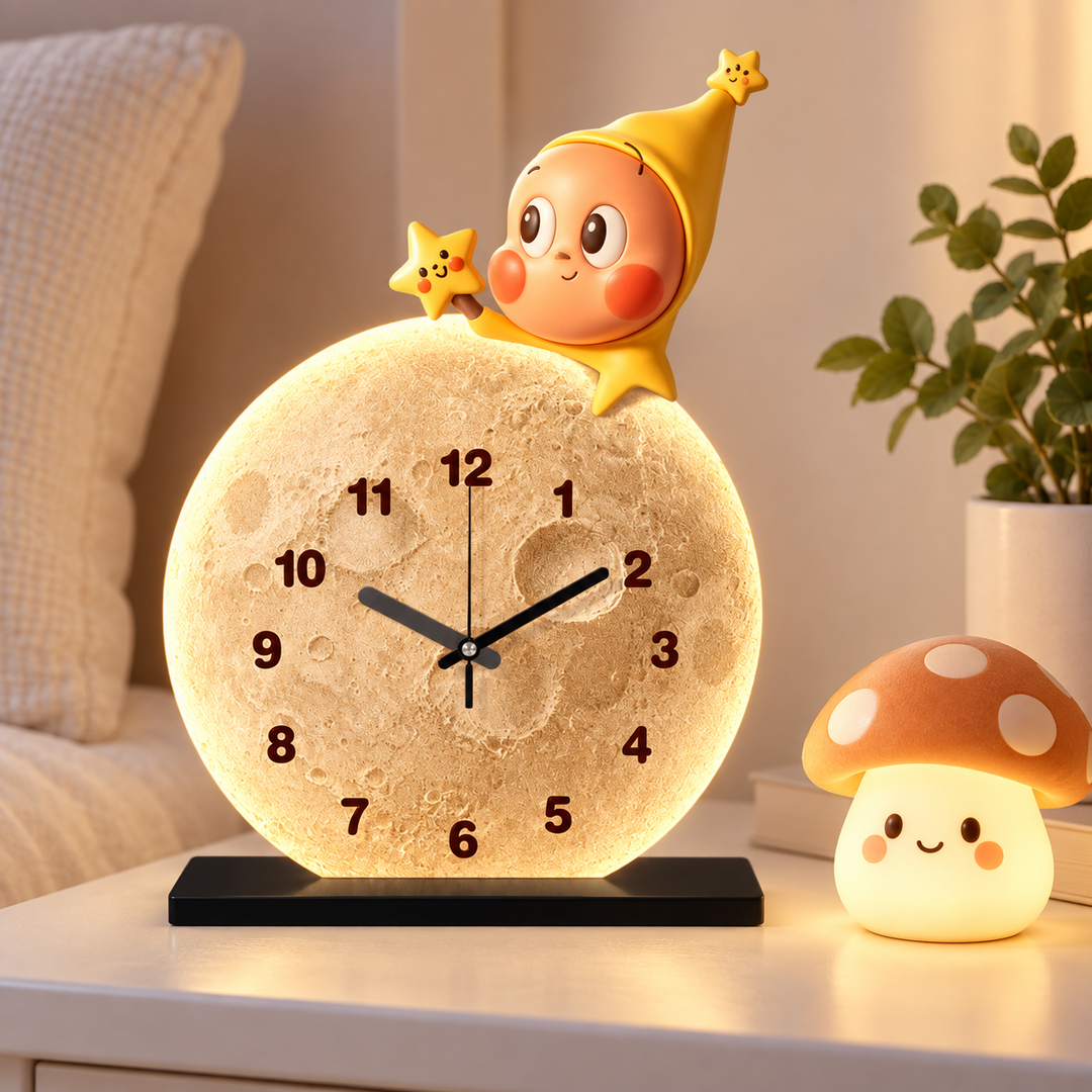 Lunar Texture Table Clock with LED Night Light and Star Character Bowlift