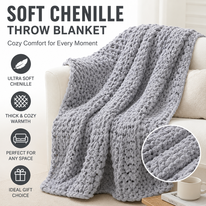 Handcrafted Chunky Knit Ultra-Soft Chenille Throw Blanket Bowlift