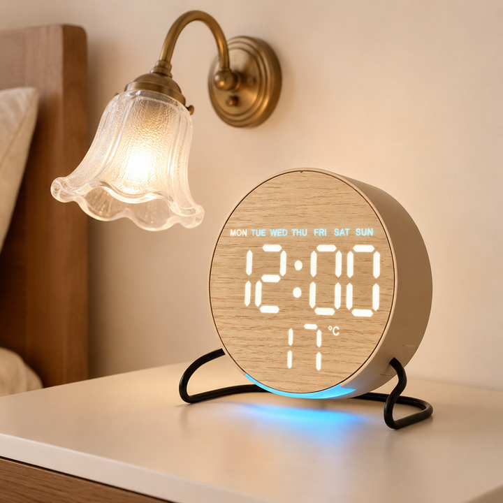 Minimalist Smart LED Alarm Clock with Fabric Front, Temperature Sensor and Weekday Display Bowlift