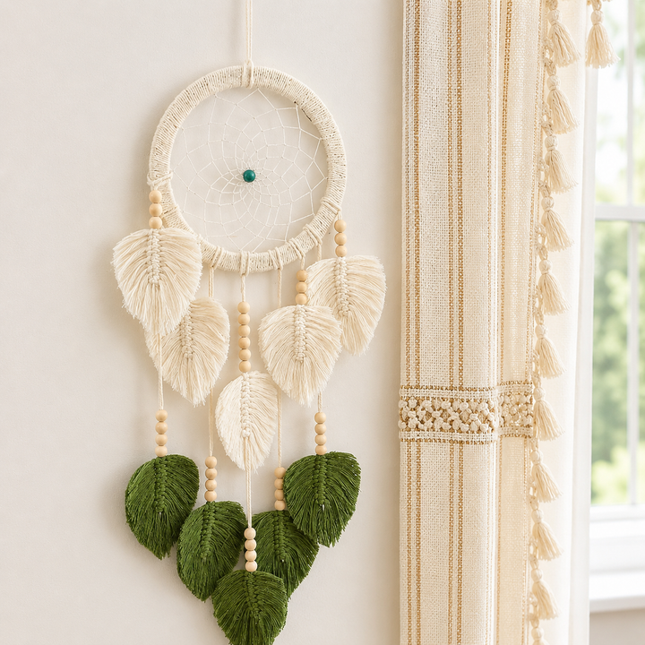 Bohemian Macrame Dreamcatcher Wall Hanging with Cotton Leaf Tassels and Wooden Beads Bowlift
